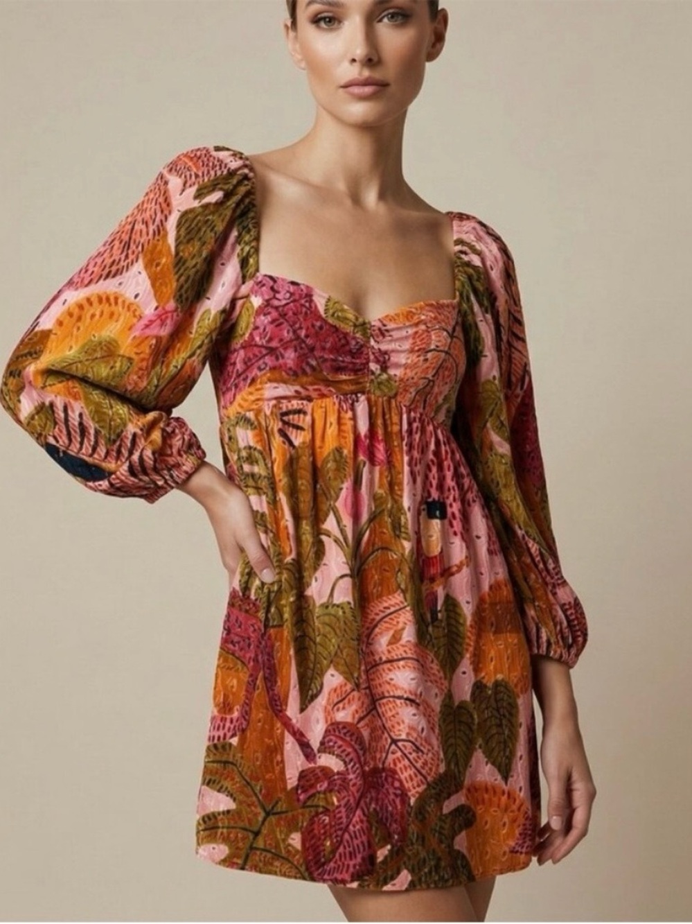 Kourt Robbie Colorful Babydoll Tropical Eyelet Cotton Puff Sleeve Mini Dress XS